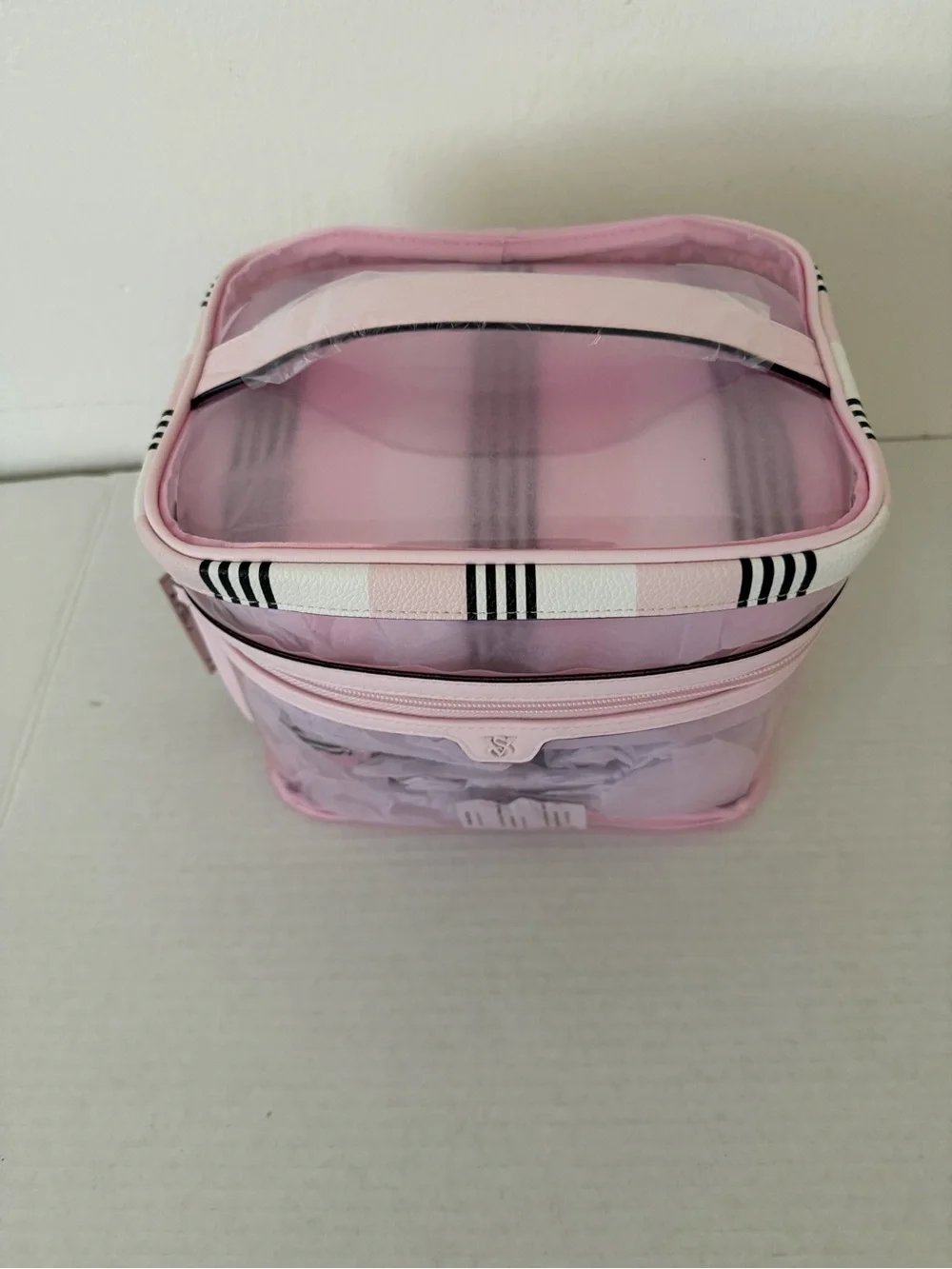 Victoria's Secret 4-piece Makeup Bag Train Case Iconic Pink Heritage Striped NWT